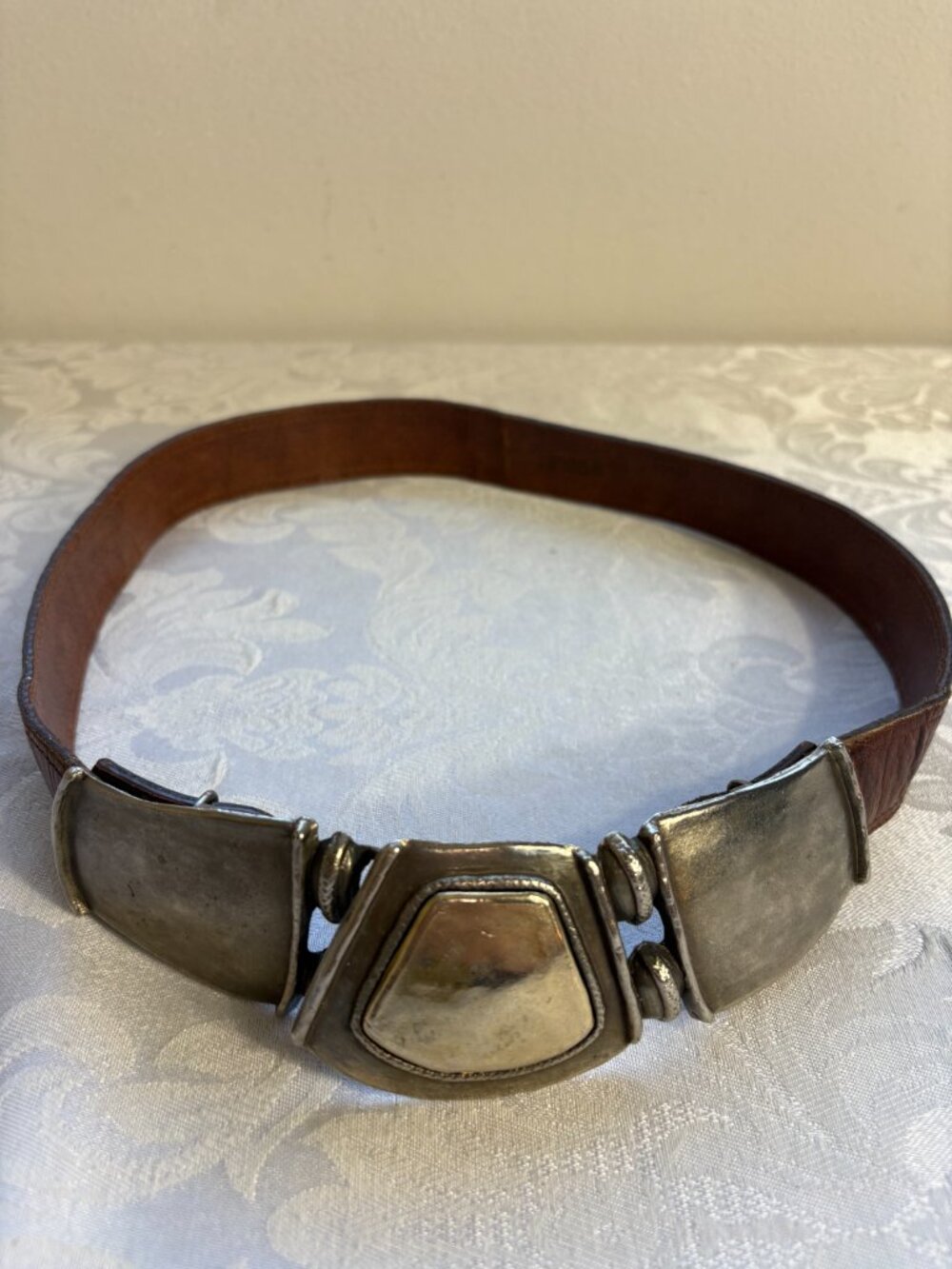 Vintage 1987 The Leather Shop Interlocking Puzzle Buckle Belt Brown Croc 80s 32" - Picture 2 of 5